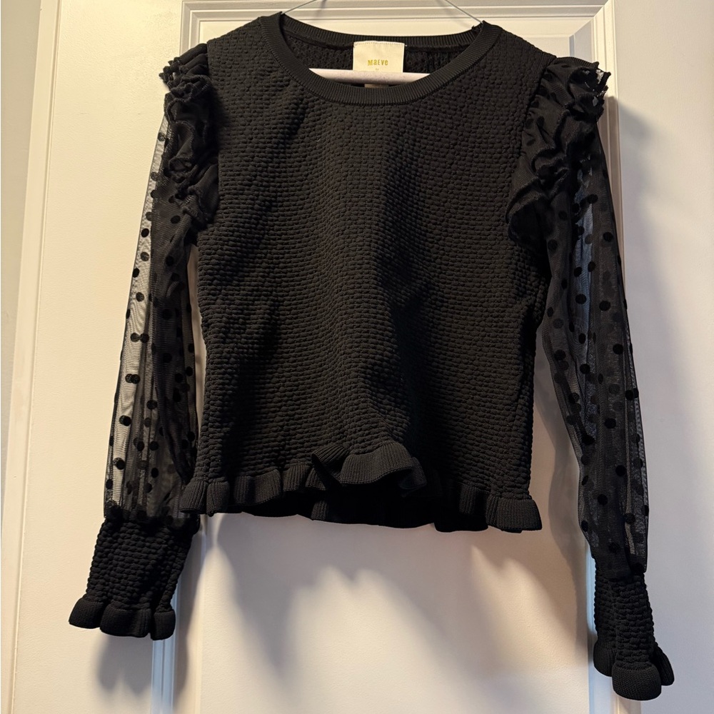Anthropologie Black Textured Blouse with Sheer Sleeves